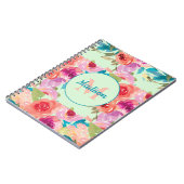 Carnet Fleurs violettes roses feuilles sarcelle Monogramm (Côté gauche)