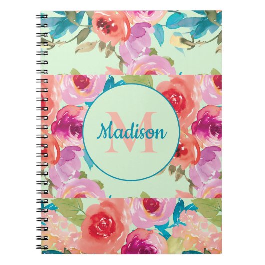 Carnet Fleurs violettes roses feuilles sarcelle Monogramm (Devant)