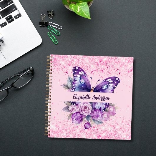 Carnet Fleurs violettes roses papillon