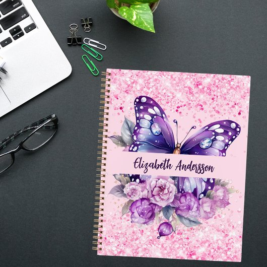 Carnet Fleurs violettes roses papillon