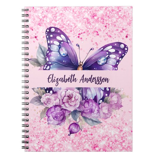 Carnet Fleurs violettes roses papillon (Devant)