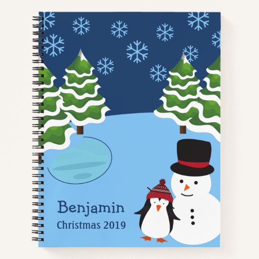 Carnet Flocons de Noël avec Manchot et Nom (Devant)