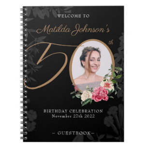 Carnet Floral 50th Birthday Black Gold Photo Guestbook