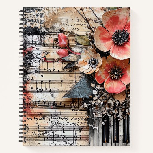 Carnet Floral avec touches de piano rustique et feuille d (Devant)