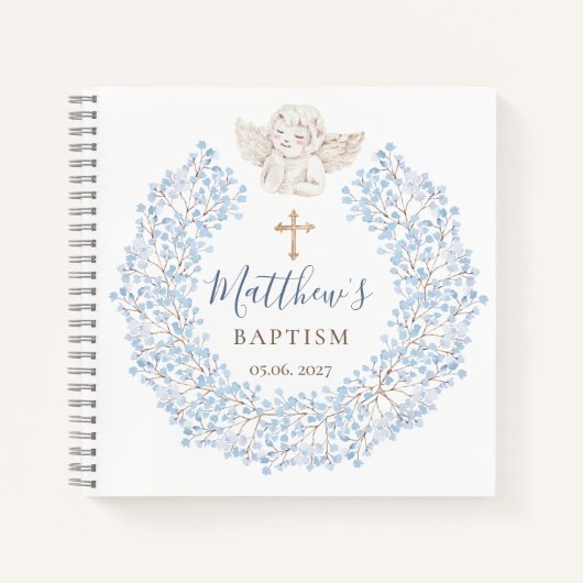 Carnet Floral Blue Baby Angel Croix Baptême (Devant)