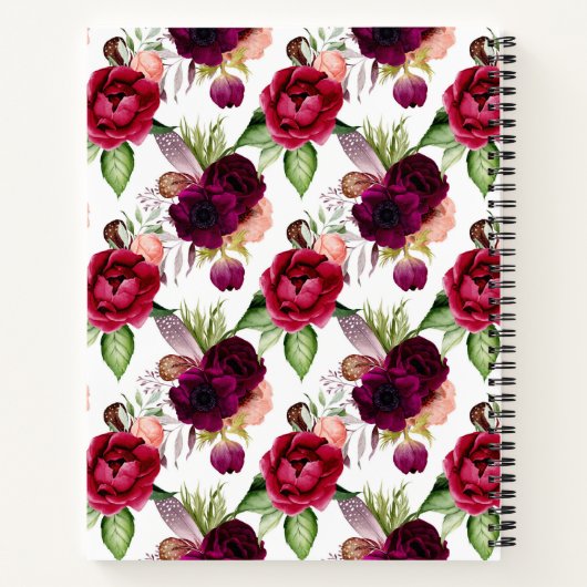 Carnet Floral bordeaux blanc monogramme élégant (Dos)