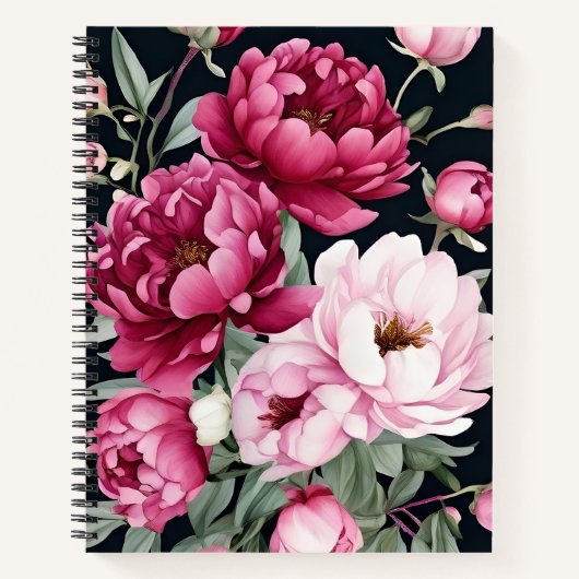 Carnet Floral Bourgogne et rose sur noir (Devant)