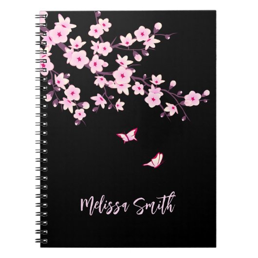 Carnet Floral Fleurs de cerisier Monogramme rose noir (Devant)