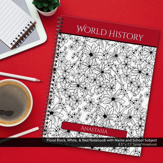 Carnet Floral Noir Blanc Rouge Nom de l'école Objet