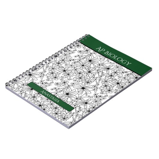 Carnet Floral Noir Blanc Vert Nom École Sujet (Côté gauche)