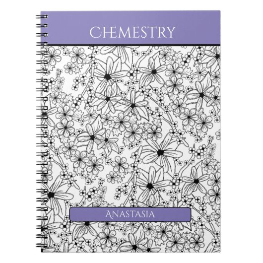 Carnet Floral Noir Blanc Violet Nom de l'école Sujet (Devant)