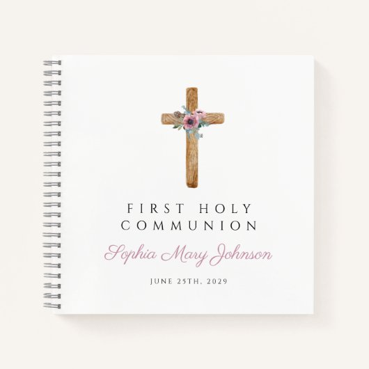 Carnet Floral Pink Cross Girl First Communion Guestbook (Devant)