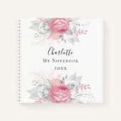 Carnet Floral rose argent feuillage blanc nom (Devant)