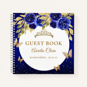 Carnet Floral Royal Blue Gold Tiara Butterfly Guest Book