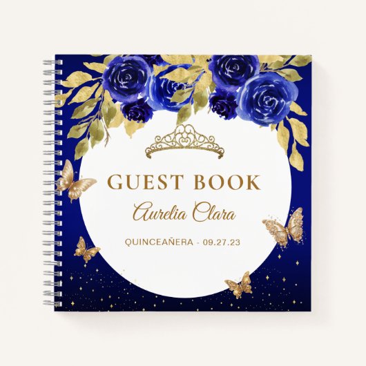 Carnet Floral Royal Blue Gold Tiara Butterfly Guest Book (Devant)