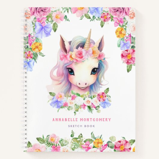 Carnet Floral Unicorn mignonne fille Nom personnalisé Enf (Devant)