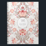Carnet floral vintage du monogramme S de damassé<br><div class="desc">Beau et élégant motif floral sur le fond clair de damassé. Carnet de notes à spirale sophistiqué et féminin avec le monogramme et le nom sur le cercle blanc. Tout est personnalisable : vous pouvez facilement changer des initiales (police, couleur, taille et position) et la conception (taille et position) en...</div>