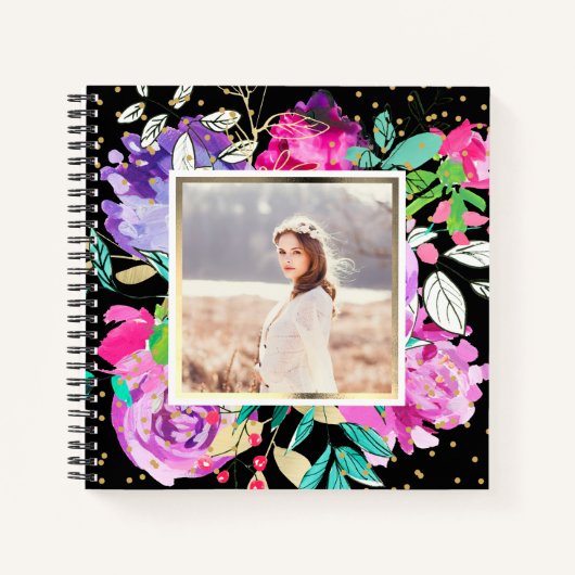 Carnet Floral violet sur noir avec Confetti Photo (Devant)