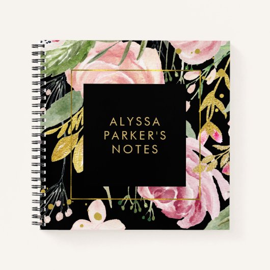 Carnet Flores aquarelles | Floral rose et or sur noir (Devant)