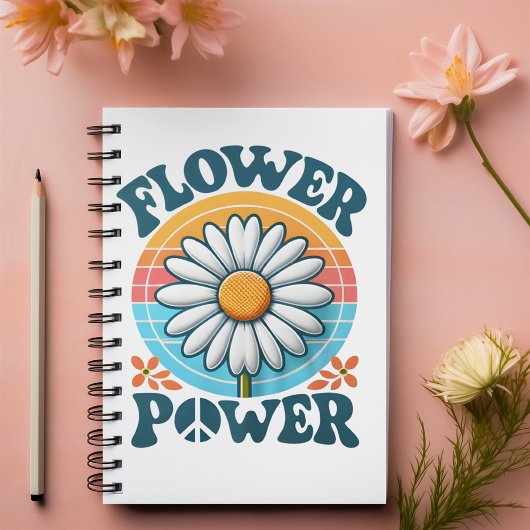 Carnet Flower Power bleu nom personnalisable