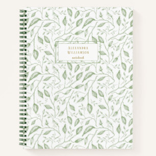 Carnet Foliage Feuille Vert Blanc Main Tirée Nom Vintage