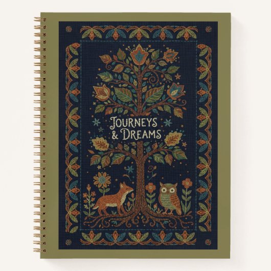 Carnet Folk Art Forest Nature, Faux Stitch Navy Linen  (Devant)