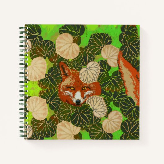 CARNET FOX ROUGE PARMI LES FEUILLES VERTS BLANCS, FOLIAGE (Devant)