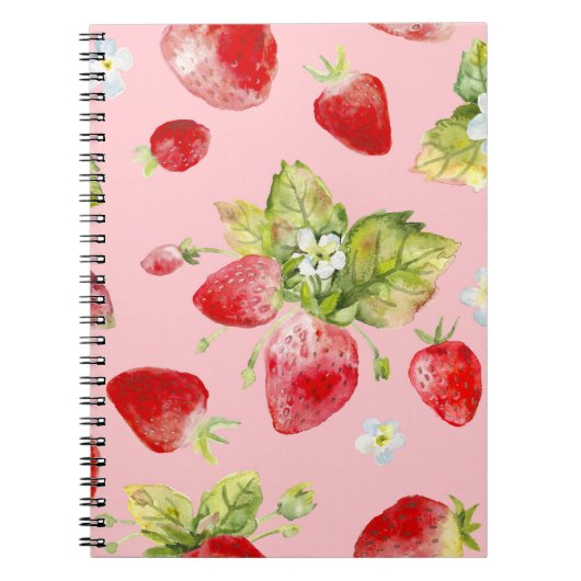Carnet Fraises d'aquarelle, motif transparent et fruité. (Devant)