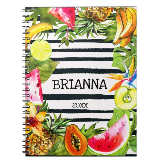 Carnet Fruits et fleurs tropicaux sur bandes noires (Devant)