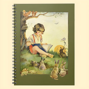 Carnet Garçon lisant sous un arbre avec des lapins