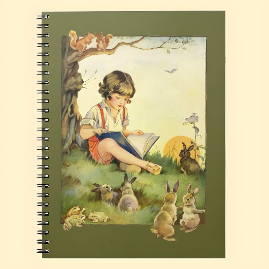 Carnet Garçon lisant sous un arbre avec des lapins