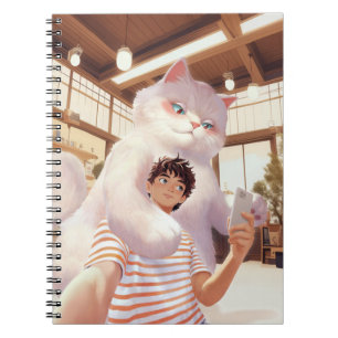 Carnet Géant Fluffy : Selfie de chat blanc au café rétro