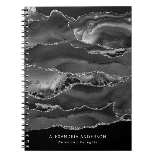 Carnet Géode d'Agate en marbre gris argent noir élégant (Devant)