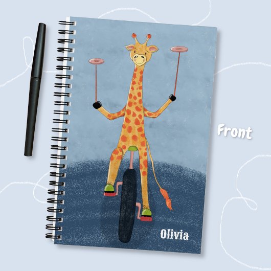 Carnet Giraffe on Unicycle Kid Blue Spiral Notebook