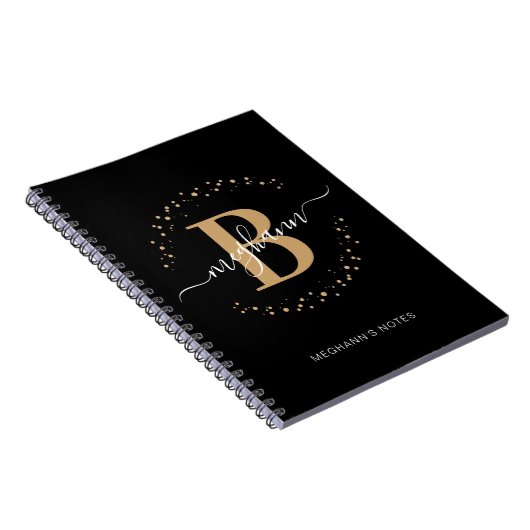 Carnet Girl Black Gold Nom Script Monogram School (Côté Droit)