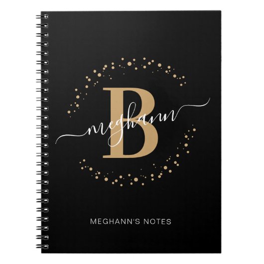 Carnet Girl Black Gold Nom Script Monogram School (Devant)