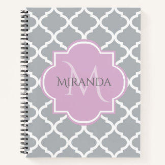 Carnet Girl Grey Quatrefoil Lavender Monogramme et nom
