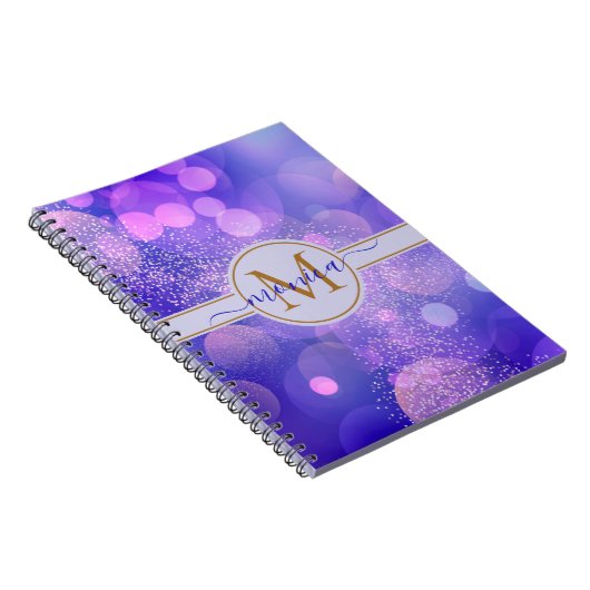 Carnet Girly Blue Bokeh Gold Parties scintillant Nom du m (Côté Droit)
