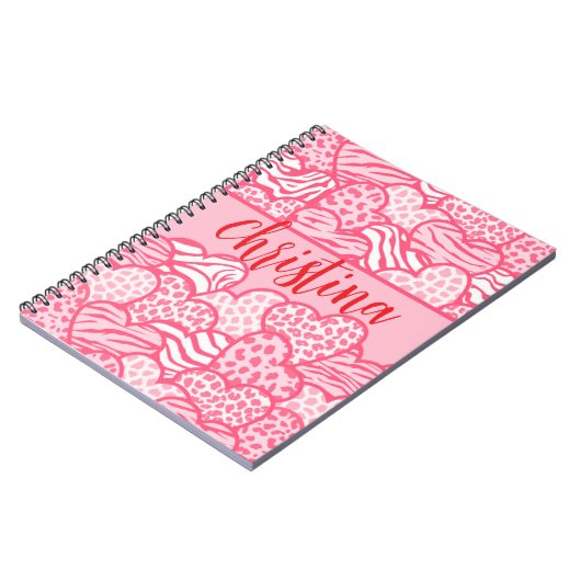 Carnet Girly Blush Rose mignon Animal Imprimer Coeurs Nom (Côté gauche)