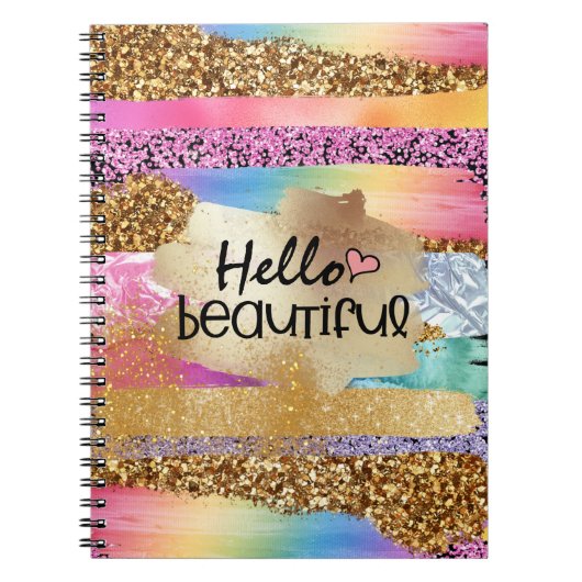 Carnet Girly rainbow gold glitter hello beautiful heart (Devant)