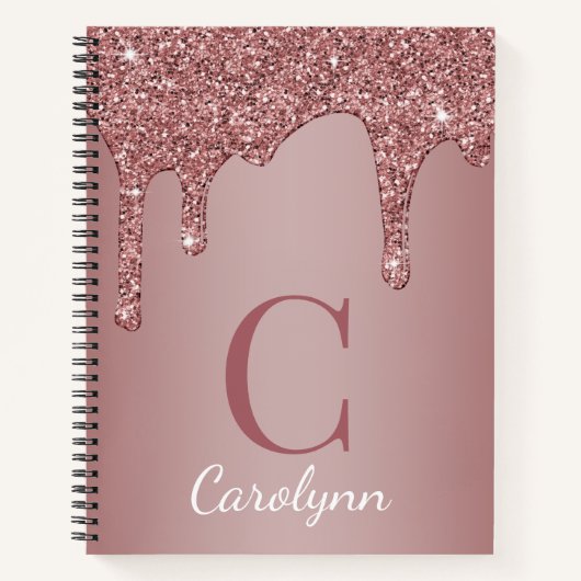 Carnet Girly Rose Gold Sparkle Glitter Drips monogram (Devant)