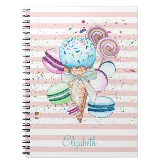 Carnet Glace à l'aquarelle,Macarons,Rayes roses (Devant)