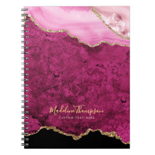Carnet Glam Rose Magenta Velours Agate Géode Or Script
