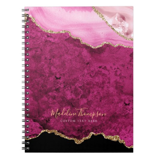 Carnet Glam Rose Magenta Velours Agate Géode Or Script (Devant)