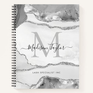 Carnet Glam Silver Grey Agate Géode Monogramme Nom du scr