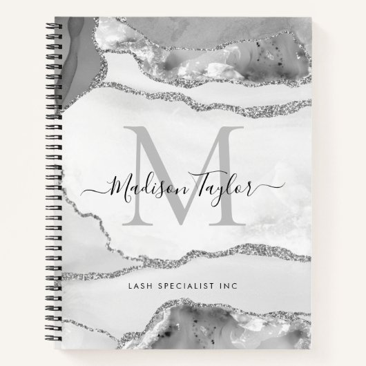 Carnet Glam Silver Grey Agate Géode Monogramme Nom du scr (Devant)