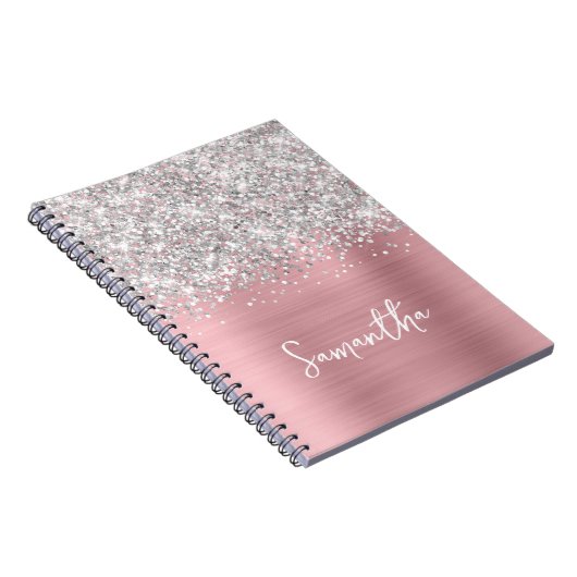 Carnet Glitter Silver Rose Blush Glam Nom du script (Côté Droit)