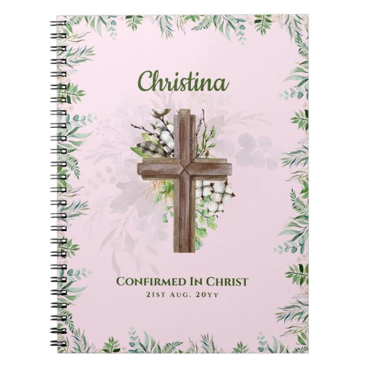Carnet Goddaughter CONFIRMATION Pink Greenery Cross (Devant)