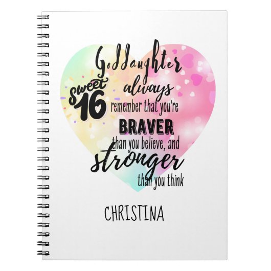 Carnet Goddaughter Sweet16 Quote Gift Braver Stronger (Devant)