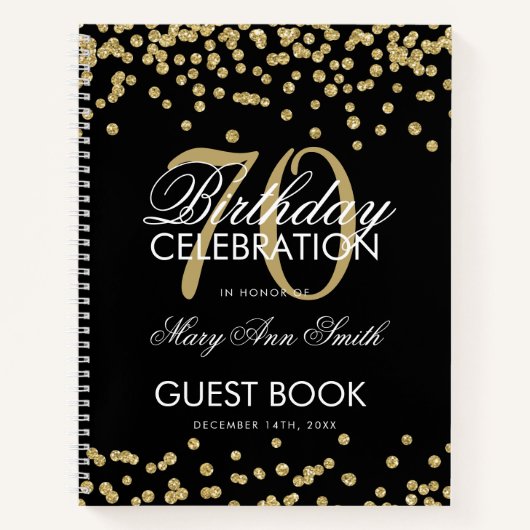 Carnet Gold 70th Birthday Guestbook Confetti Black (Devant)